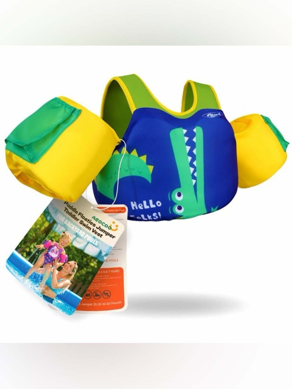 Toddler Swim Vest with Green Crocodile Graphic - Yellow & Navy